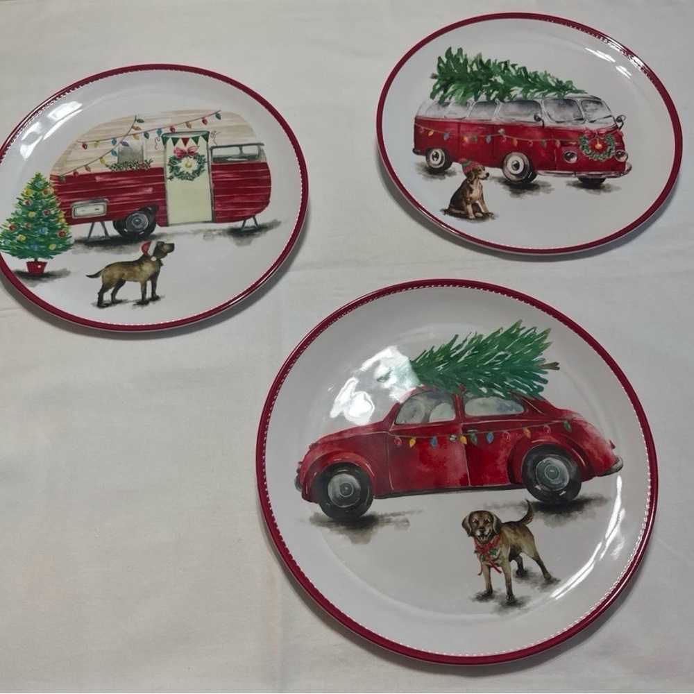 Holiday Red Plate Set with Festive Vehicles